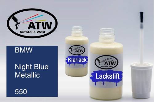 BMW, Night Blue Metallic, 550: 20ml Lackstift + 20ml Klarlack - Set, von ATW Autoteile West.